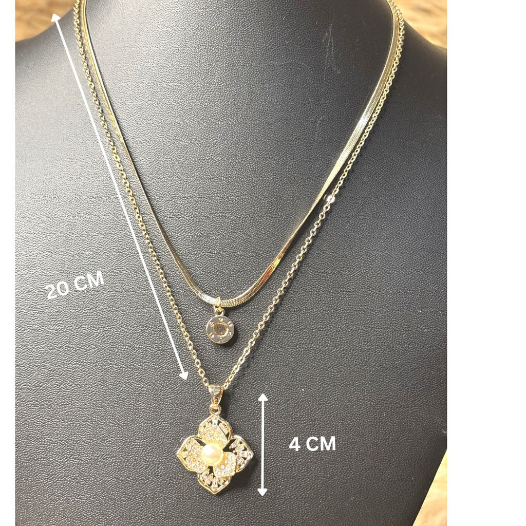 LA FILLE D'OR Layered Gold Chain Necklace with Flower Pendant, 20 cm Length, 4 cm Pendant