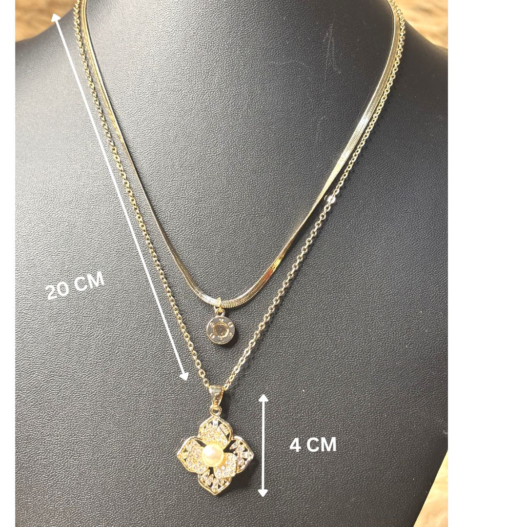 LA FILLE D'OR Layered Gold Chain Necklace with Flower Pendant, 20 cm Length, 4 cm Pendant