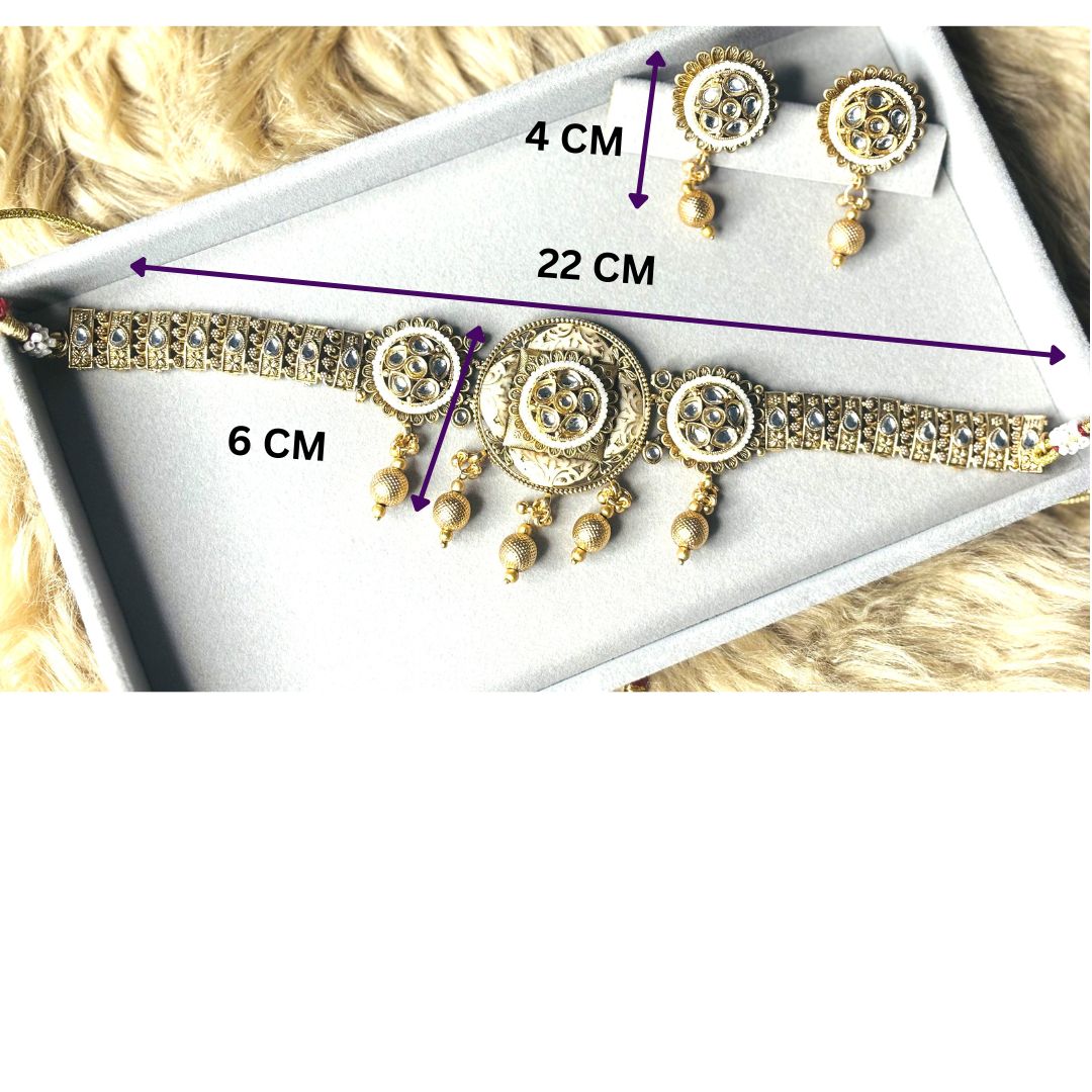 LA FILLE D'OR Traditional Gold-Plated Choker Necklace Set with Crystal Stones, Matching Drop Earrings